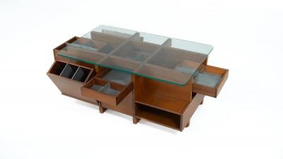 Mid Century Modern Coffee Table with Compartments Wood and Glass Italy