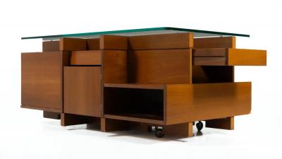 Mid Century Modern Coffee Table with Compartments Wood and Glass Italy