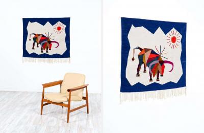 Mid Century Modern Cubist Bull Wall Art Tapestry