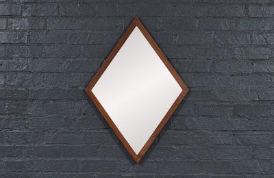 Mid Century Modern Diamond Shape Walnut Wood Mirror