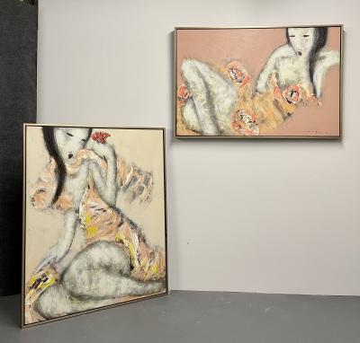 Mid Century Modern Figurative Painting Oriental One of a Pair Signed