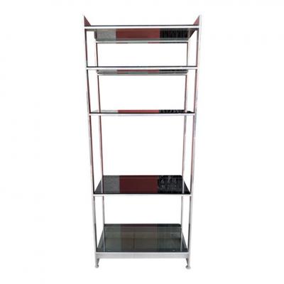 Mid Century Modern Five Shelf Aluminum Black Glass Etagere