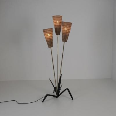 Mid Century Modern Floral Floor Lamp in Black Brass Rattan Finland 1950s