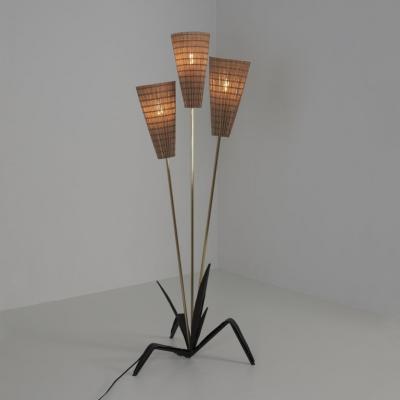 Mid Century Modern Floral Floor Lamp in Black Brass Rattan Finland 1950s