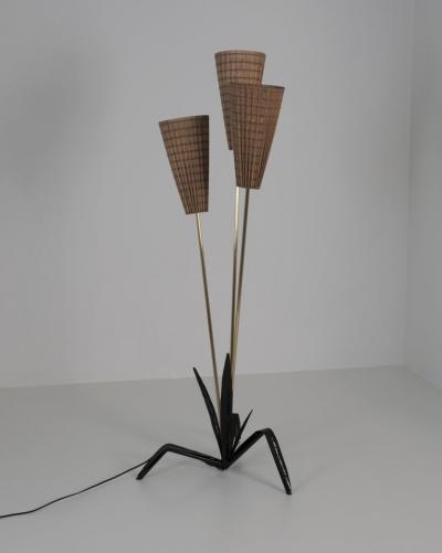 Mid Century Modern Floral Floor Lamp in Black Brass Rattan Finland 1950s
