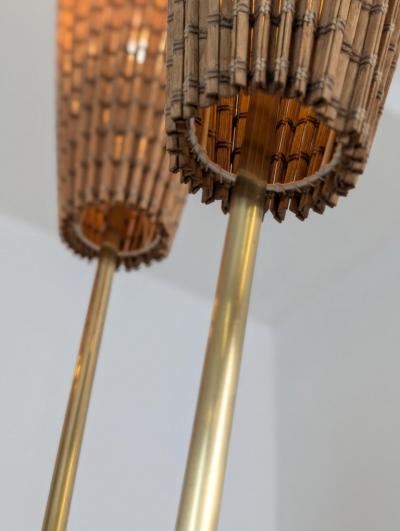 Mid Century Modern Floral Floor Lamp in Black Brass Rattan Finland 1950s