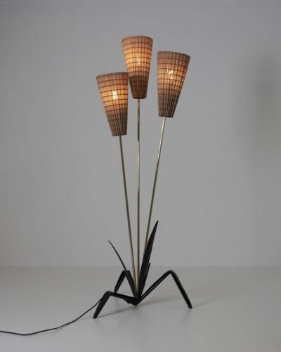 Mid Century Modern Floral Floor Lamp in Black Brass Rattan Finland 1950s
