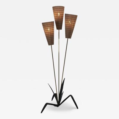 Mid Century Modern Floral Floor Lamp in Black Brass Rattan Finland 1950s