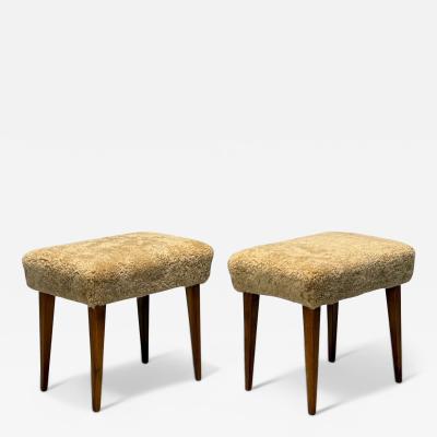 Mid Century Modern Footstools Honey Sheepskin Stained Wood Italy 1950s