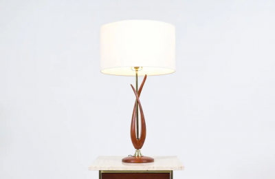 Mid Century Modern Free Form Sculpted Walnut Brass Table Lamp