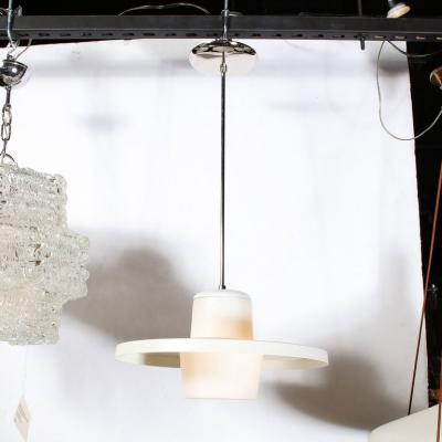 Mid Century Modern Frosted Glass Saucer Form Pendant in with Chrome Fittings