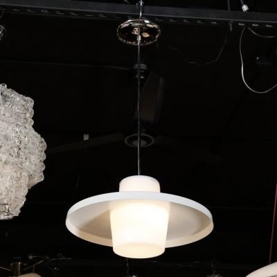 Mid Century Modern Frosted Glass Saucer Form Pendant in with Chrome Fittings