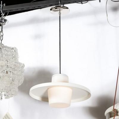 Mid Century Modern Frosted Glass Saucer Form Pendant in with Chrome Fittings