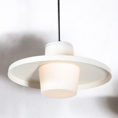 Mid Century Modern Frosted Glass Saucer Form Pendant in with Chrome Fittings
