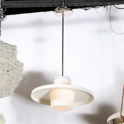 Mid Century Modern Frosted Glass Saucer Form Pendant in with Chrome Fittings