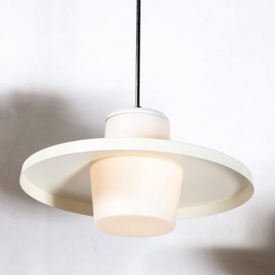 Mid Century Modern Frosted Glass Saucer Form Pendant in with Chrome Fittings