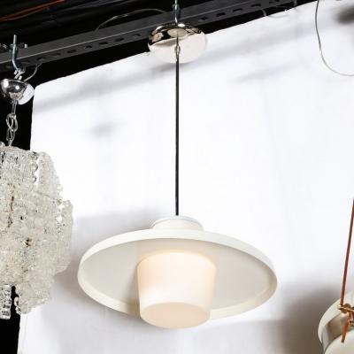 Mid Century Modern Frosted Glass Saucer Form Pendant in with Chrome Fittings