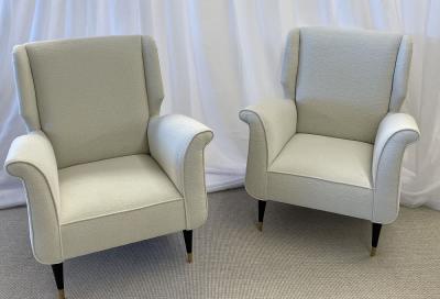 Mid Century Modern Gio Ponti Style Armchairs Wingback Chairs Pair in Boucl 