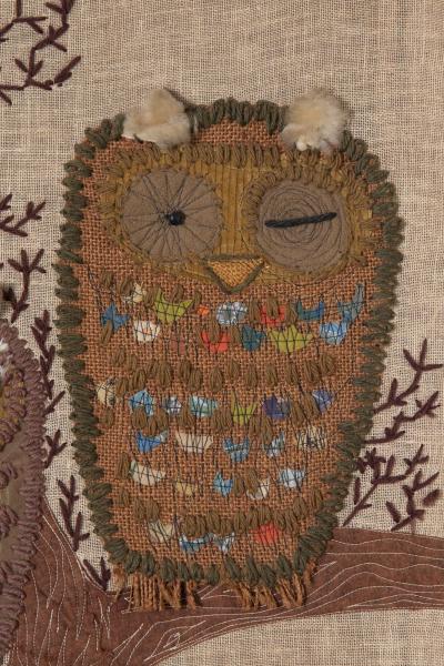 Mid Century Modern Handstitched Owl Embroidered Textile Artwork 1960s