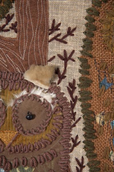 Mid Century Modern Handstitched Owl Embroidered Textile Artwork 1960s