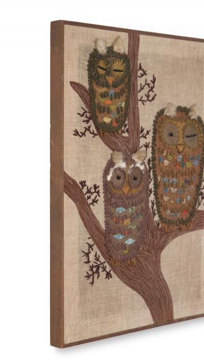 Mid Century Modern Handstitched Owl Embroidered Textile Artwork 1960s