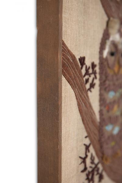 Mid Century Modern Handstitched Owl Embroidered Textile Artwork 1960s