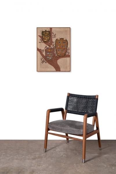 Mid Century Modern Handstitched Owl Embroidered Textile Artwork 1960s