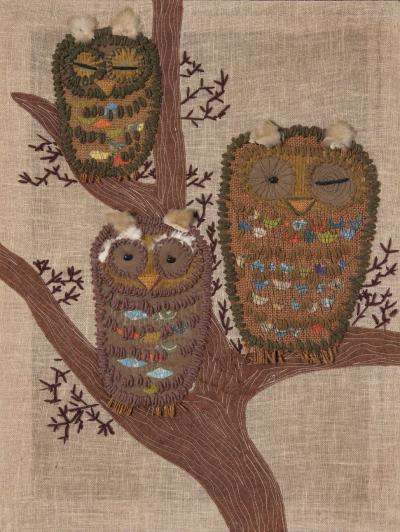 Mid Century Modern Handstitched Owl Embroidered Textile Artwork 1960s