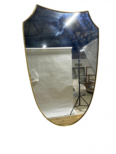 Mid Century Modern Harp Shaped Mirror in Brass Glass