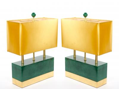 Mid Century Modern Italian Art Deco Style Dark Green Jade and Brass Table Lamps