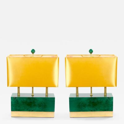 Mid Century Modern Italian Art Deco Style Dark Green Jade and Brass Table Lamps
