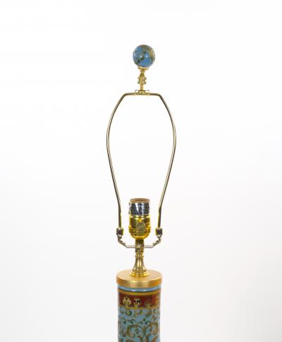 Mid Century Modern Italian Blue Tapestry Design Porcelain Table Lamps Pair
