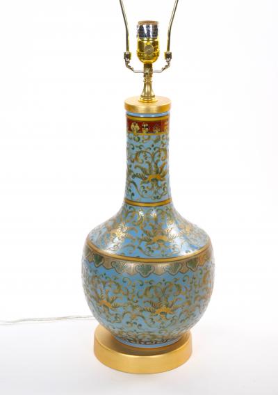 Mid Century Modern Italian Blue Tapestry Design Porcelain Table Lamps Pair