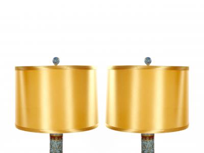 Mid Century Modern Italian Blue Tapestry Design Porcelain Table Lamps Pair