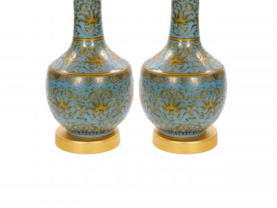 Mid Century Modern Italian Blue Tapestry Design Porcelain Table Lamps Pair
