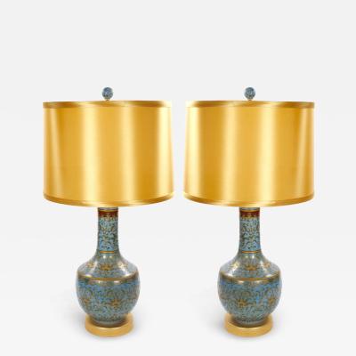 Mid Century Modern Italian Blue Tapestry Design Porcelain Table Lamps Pair