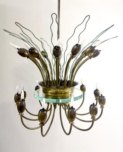 Mid Century Modern Italian Chandelier in Brass Glass