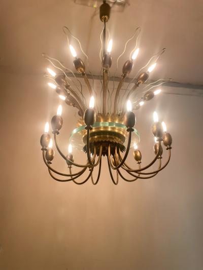 Mid Century Modern Italian Chandelier in Brass Glass