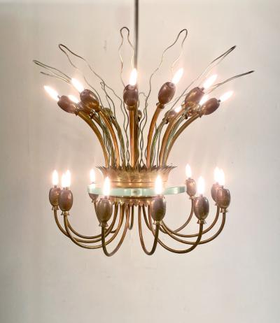Mid Century Modern Italian Chandelier in Brass Glass