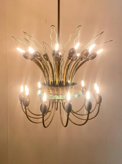 Mid Century Modern Italian Chandelier in Brass Glass