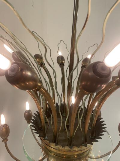 Mid Century Modern Italian Chandelier in Brass Glass