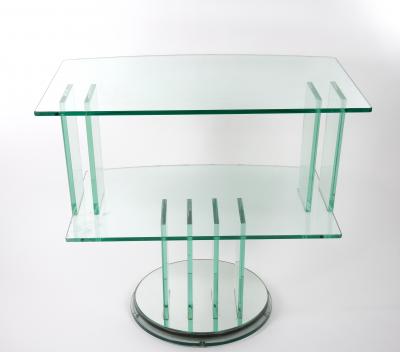 Mid Century Modern Italian Glass Shelves Mirrored Base Swivel Bar Cart