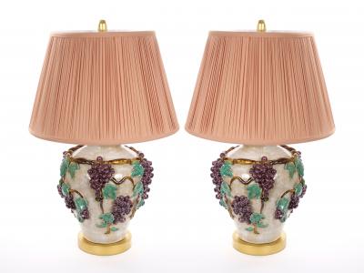Mid Century Modern Italian Glazed Ceramic Grape and Vine Table Lamps Pair
