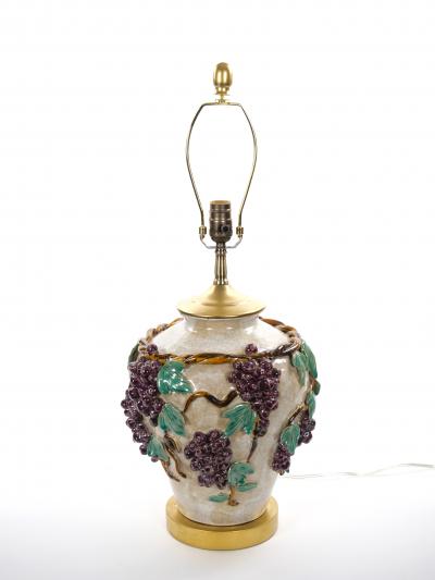 Mid Century Modern Italian Glazed Ceramic Grape and Vine Table Lamps Pair