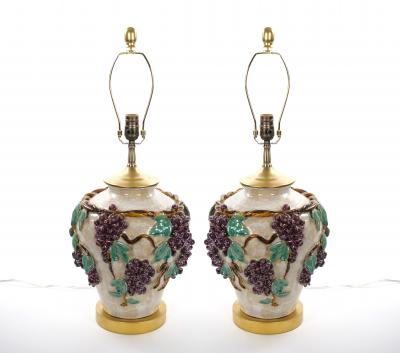 Mid Century Modern Italian Glazed Ceramic Grape and Vine Table Lamps Pair