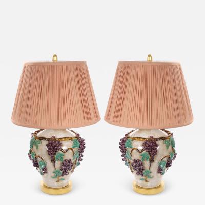 Mid Century Modern Italian Glazed Ceramic Grape and Vine Table Lamps Pair