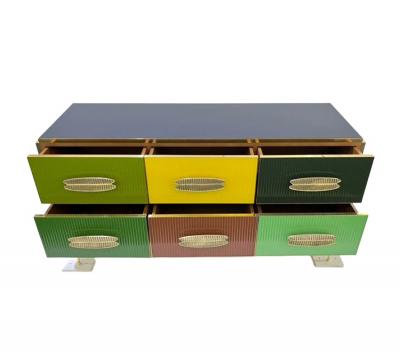 Mid Century Modern Italian Multi Color Six Drawer Chest Cabinet on Brass Legs