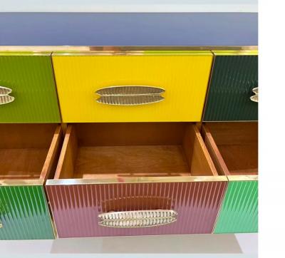 Mid Century Modern Italian Multi Color Six Drawer Chest Cabinet on Brass Legs