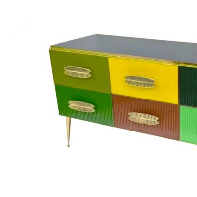 Mid Century Modern Italian Multi Color Six Drawer Chest Cabinet on Brass Legs