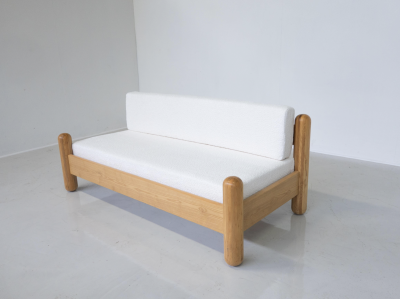 Mid Century Modern Italian Sofa Wood and White boucle Fabric 1970s